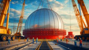 Illustration de l'installation d'un dôme de confinement sur la centrale nucléaire de Haiyang. Image réalisée par IA.