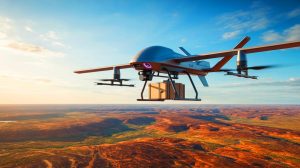 Illustration de l'AURA-E, drone australien pour le transport écologique de marchandises dans les zones rurales. Image réalisée par IA.