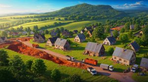 Illustration de la découverte d'un gisement de platine à Montbrun et de l'évacuation des habitants. Image réalisée par IA.