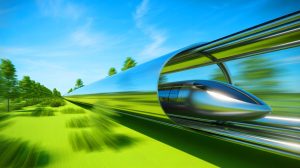 Illustration de la capsule de Hardt Hyperloop atteignant un record de vitesse lors d'un test aux Pays-Bas.