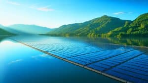 Illustration de la future centrale solaire flottante sur le lac Družmirje en Slovénie.