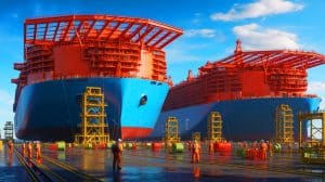 Illustration de la construction de méthaniers géants par GTT pour le transport de gaz liquéfié.