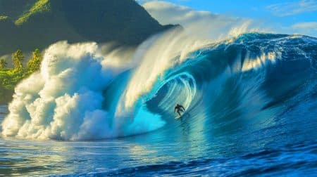 Illustration de la vague mythique de Teahupo’o, défi ultime pour les surfeurs du monde entier.