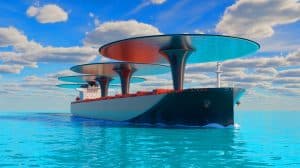 Illustration de la propulsion innovante du cargo Grand Pioneer avec ses voiles rotatives pour un transport maritime durable.
