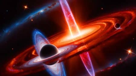 Illustration de deux trous noirs supermassifs en orbite capturés par un réseau de télescopes radio.
