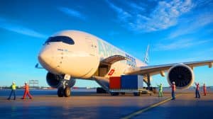 Illustration de la porte cargo géante de l'A350F, conçue pour optimiser le chargement de marchandises.